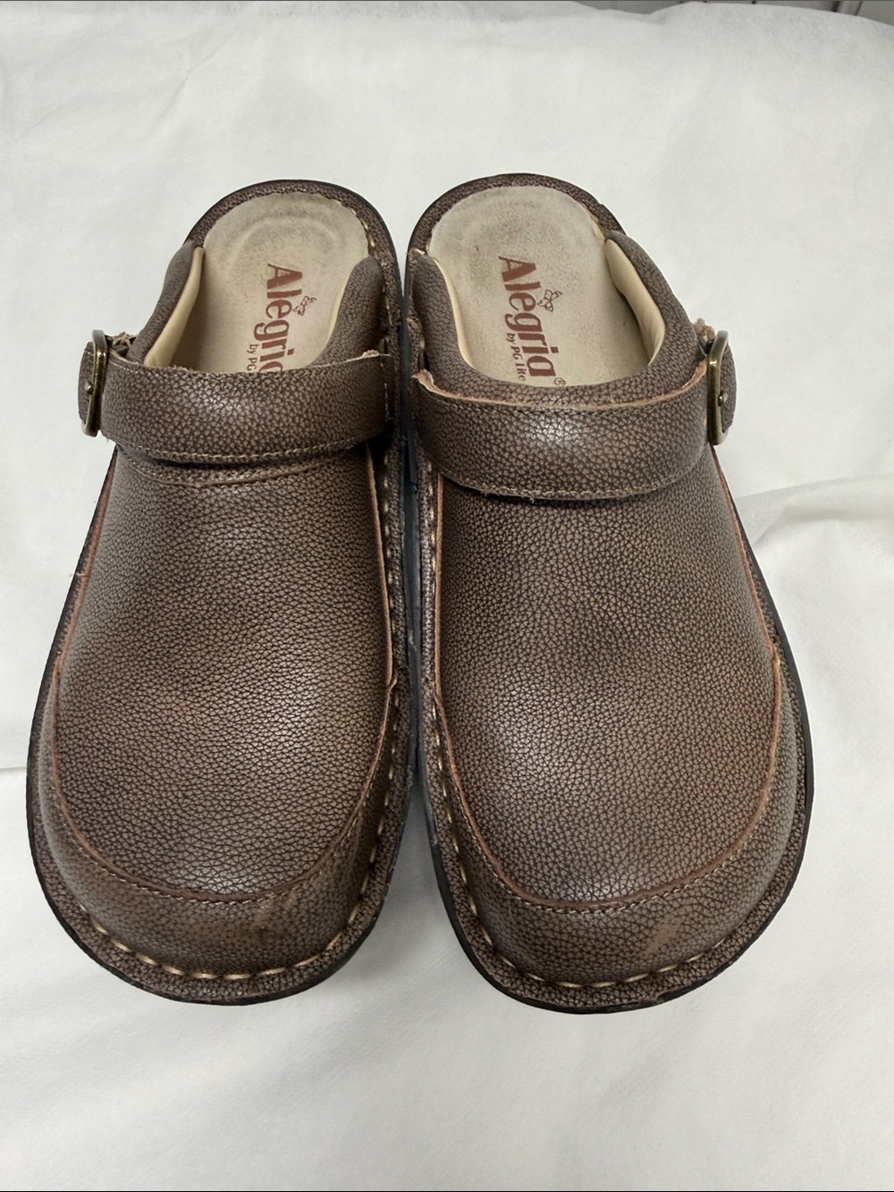 Alegria Women's Brown Leather-Look Slip-On Clog with Buckle